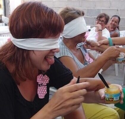 Blindfolded at baby shower
